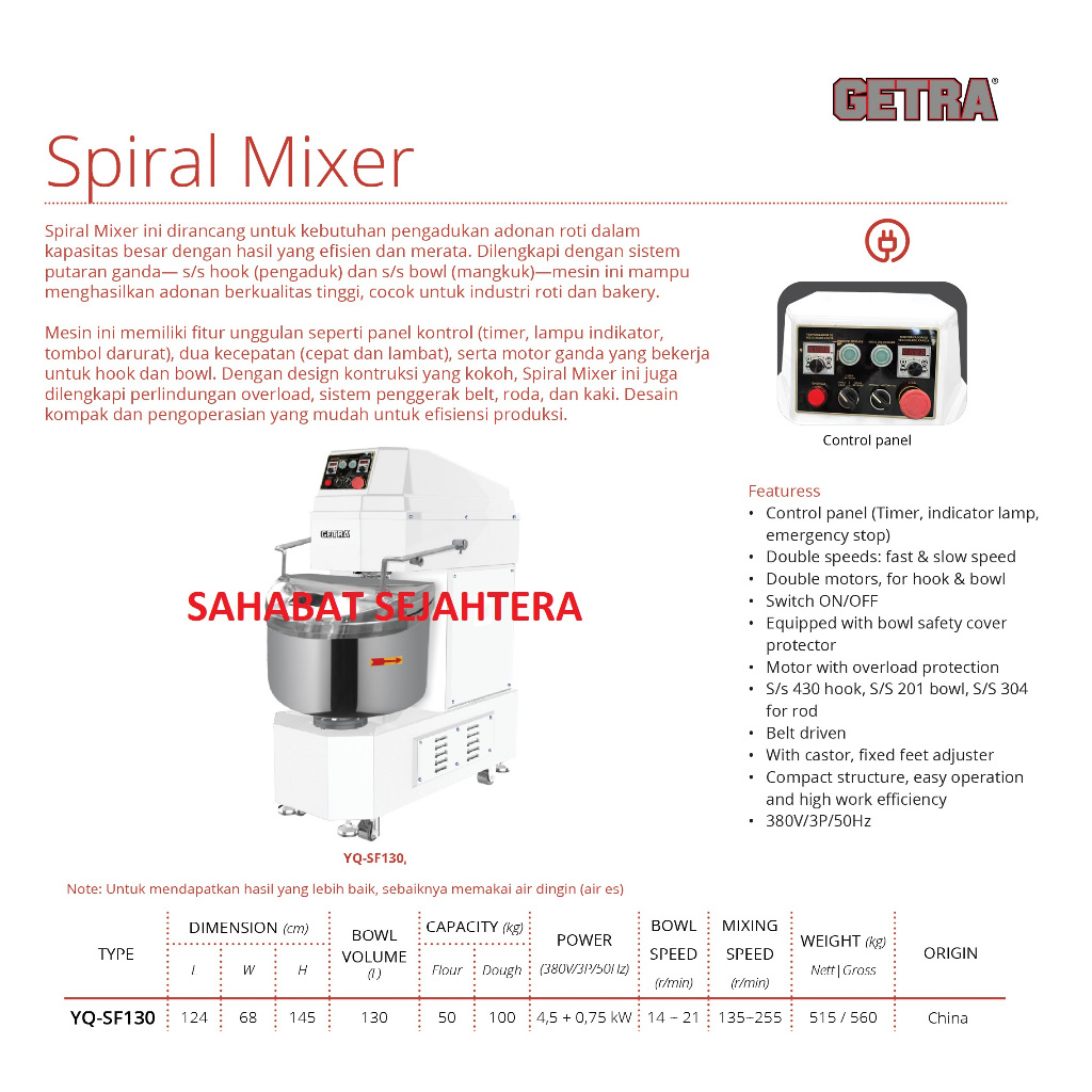GETRA Spiral Mixer Roti Adonan Tepung YQ-SF130 | Mesin Pengaduk Adonan Kental Heavy Duty