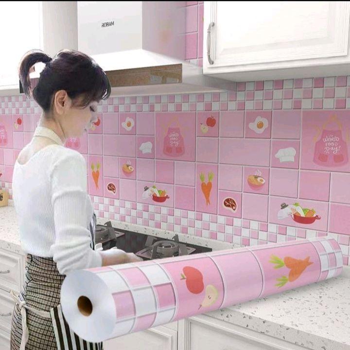 STIKER DAPUR GHX019 UK.60CM X 3 MTR MOTIF BUAH BUAHAN PINK WALLPAPER DINDING DAPUR ANTI MINYAK ANTI 