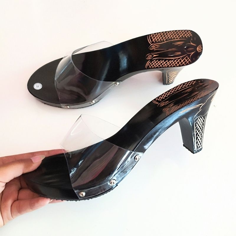 sandal heels mika bening ukir elegan 7cm / sandal heels kayu / sandal kelom geulis heels / sandal ka