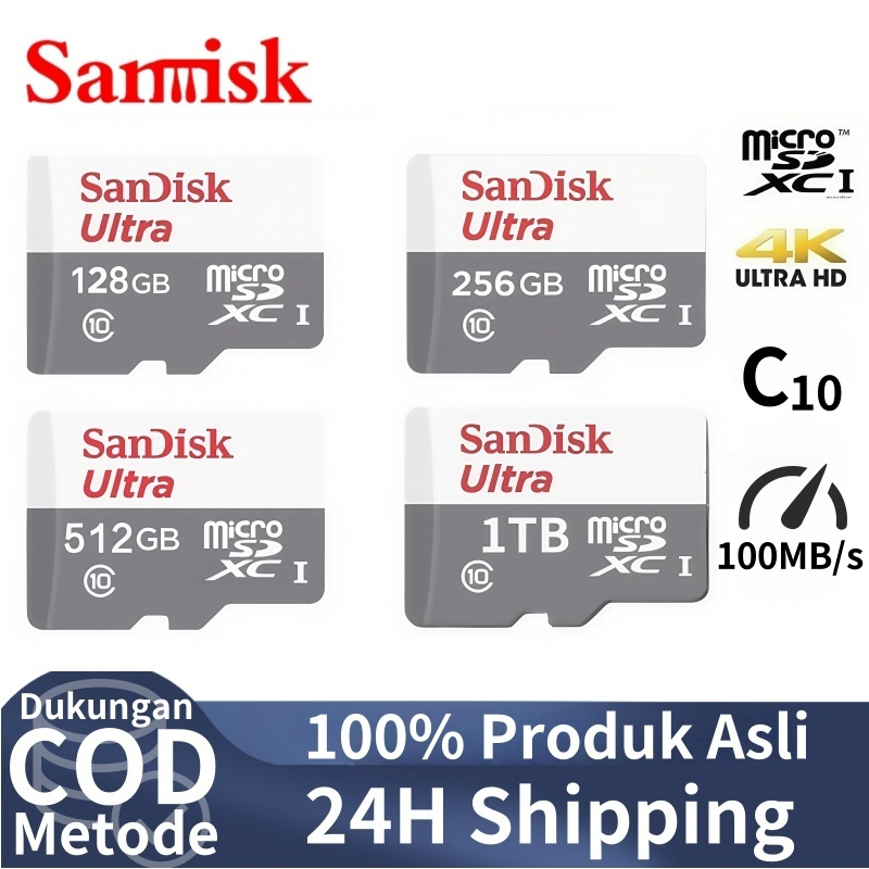 SanDisk SD Card Ultra 100MB/S 2TB/1TB/512GB/256GB/128GB Kartu Memory Card Hp Micro SD Card Memori ca