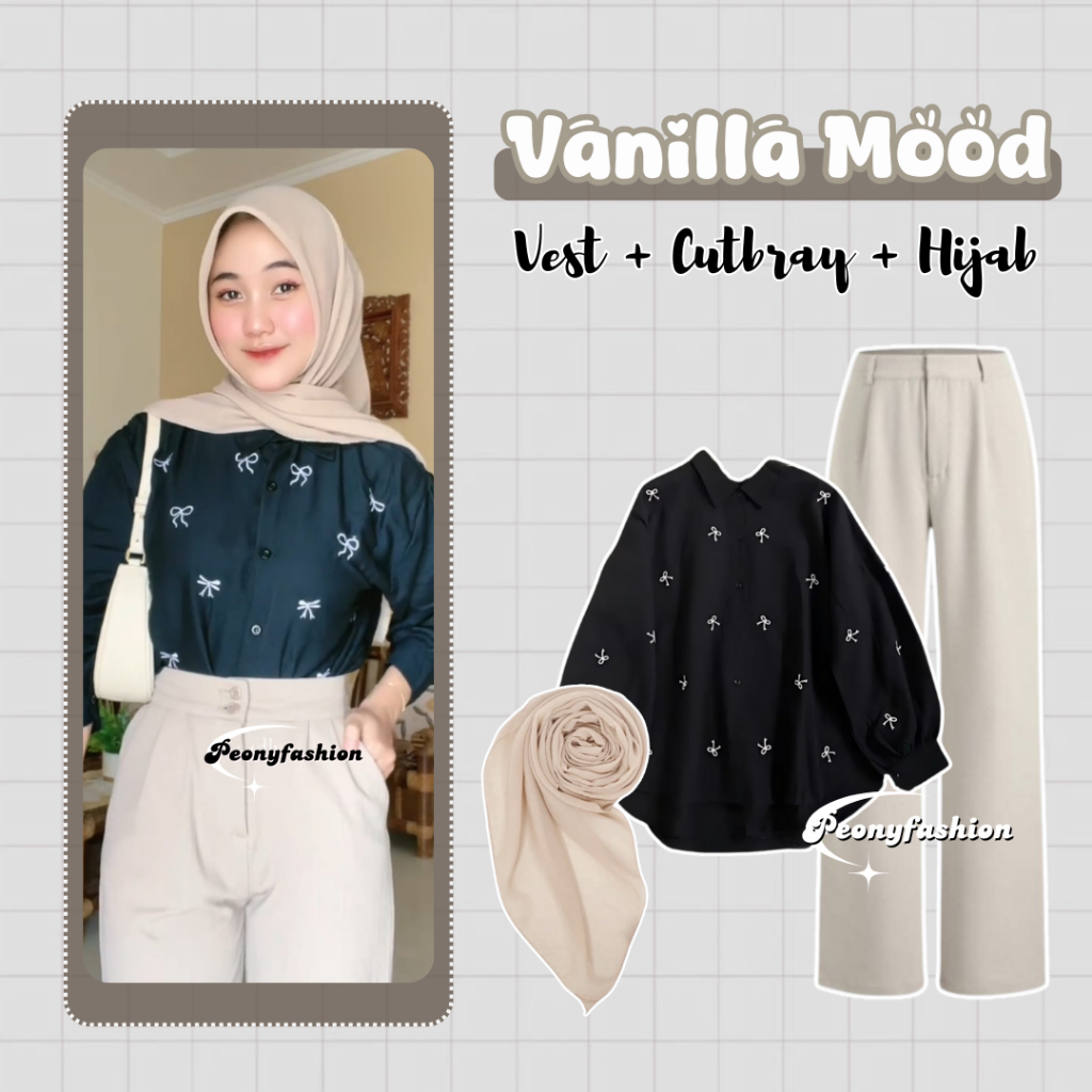 peonyfashion - 3 IN 1 One Set Hijab Korean Style Outfit Remaja Wanita Kekinian Outfit Hnagout Outfit