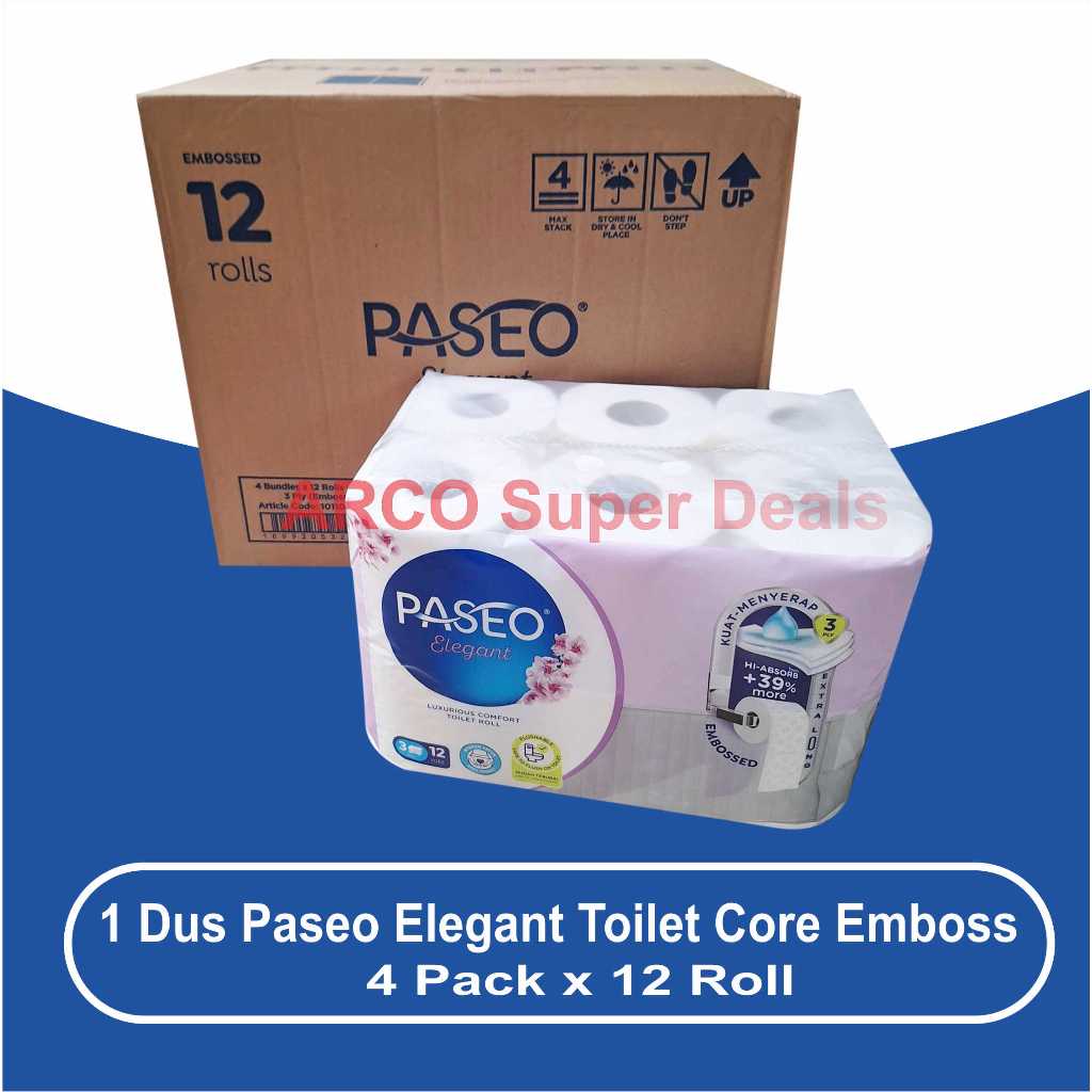 1 Dus Paseo Elegant Tissue Gulung Toilet Bathroom Emboss 300 Sheets 3 Ply 12 Roll Isi 4 Pack