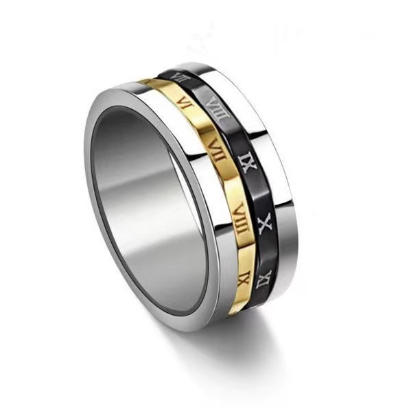 Cincin Romawi Putar 3 Warna / Silver Black Gold Roman Numeral Stainless Steel Spinner Ring / Cincin 