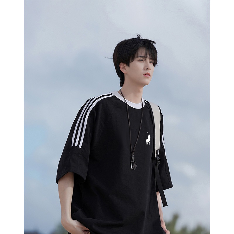PUERTO Kaos Pria Distro Original 100% PoMB logo Amerika Baju Oversize Bergaris Bahu Pria Retro T-shi