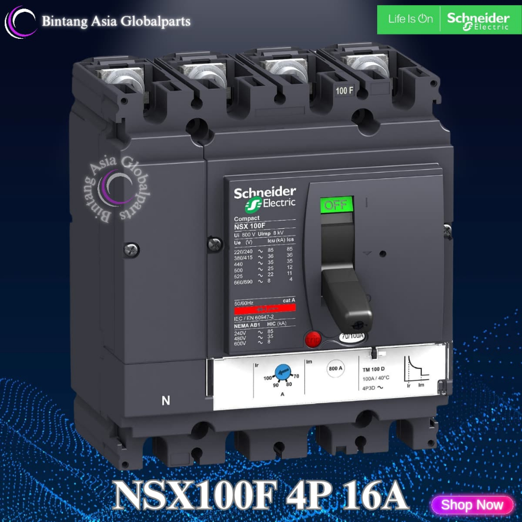 MCCB 4 Phase 16 Ampere Schneider LV429647 Original / MCCB 4p 16a 36kA NSX100F / Breaker 4 Pole 16a N