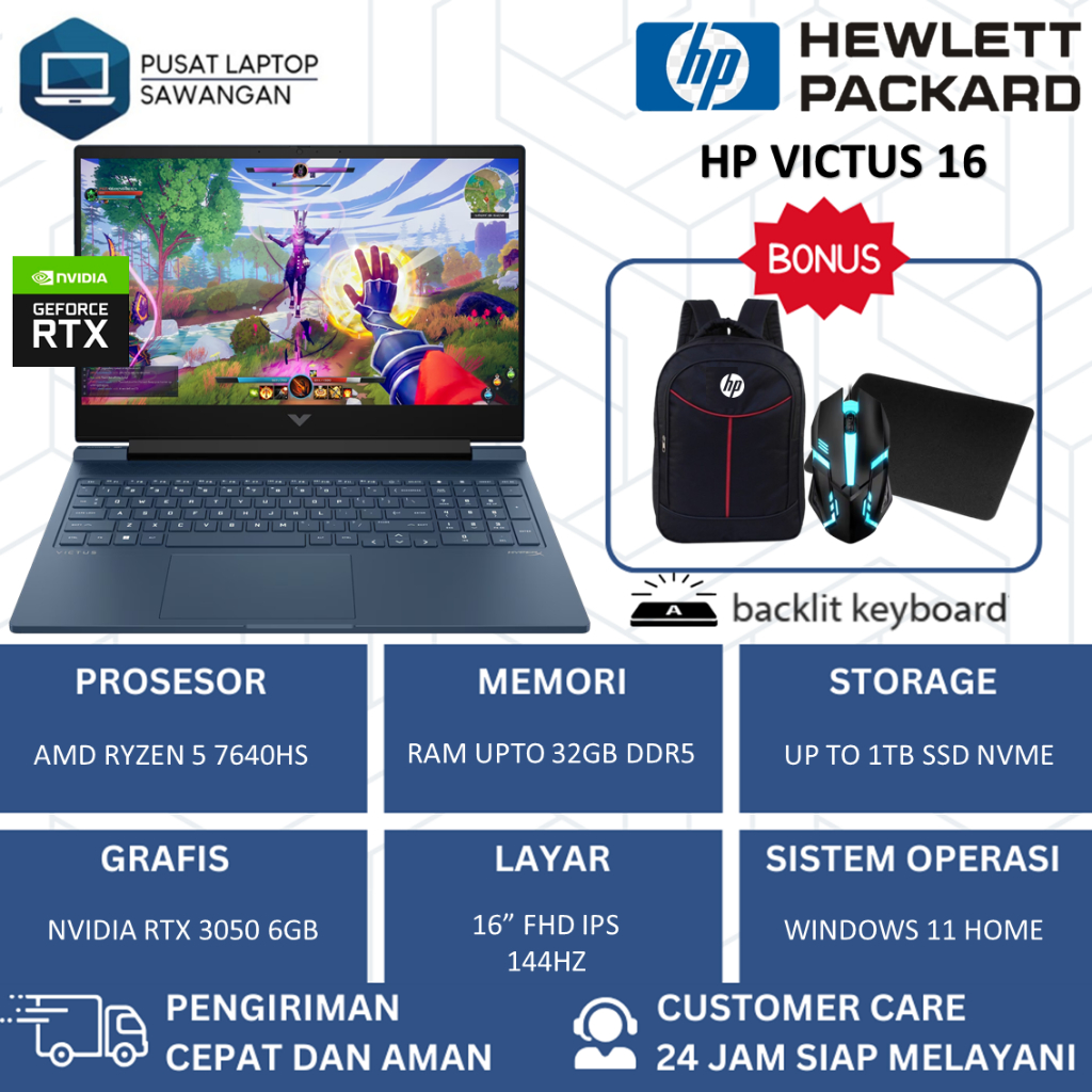 Laptop Gaming HP Victus 16 RTX 3050 AMD Ryzen 5 7640HS 32GB 1TB SSD Layar 16 Inch Full HD IPS 144Hz
