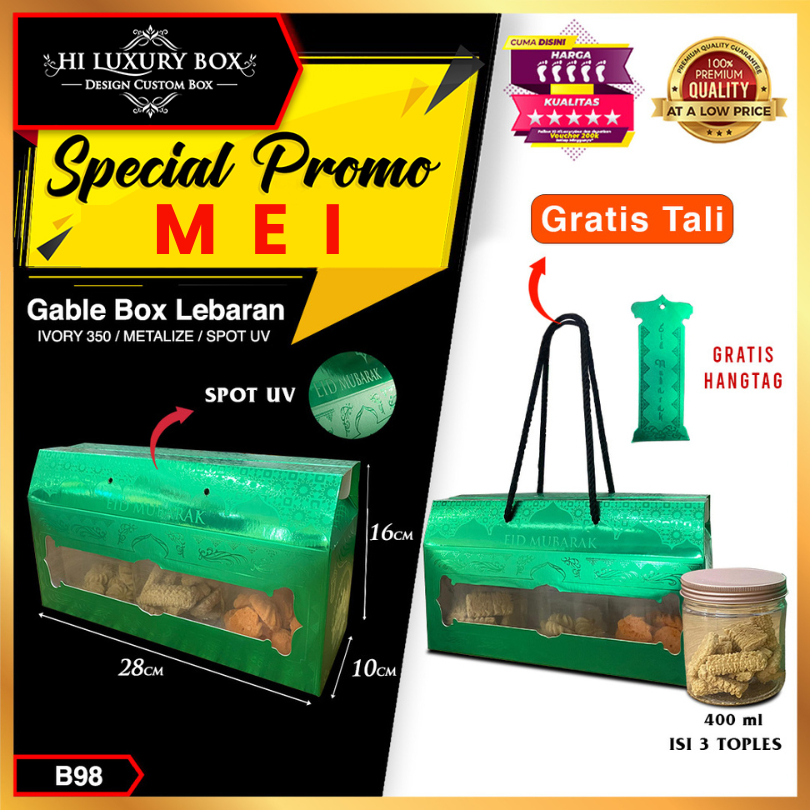 

Box Hampers Lebaran / Gable Box Tali / Kotak Idul Fitri Tenteng Metalize / B98