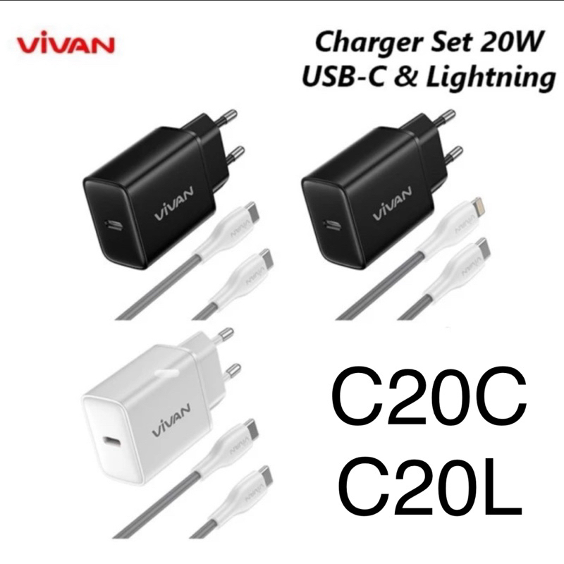 Vivan Power C20C / C20L Charger Type-C to Type-C / Type-C to Lightning PD20W Fast Charging