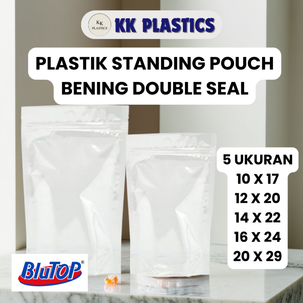 PLASTIK STANDING POUCH BLUTOP BENING SEAL LEBAR PLASTIK KLIP MAKANAN ISI 50 PCS UKURAN 10X17 12X20 1