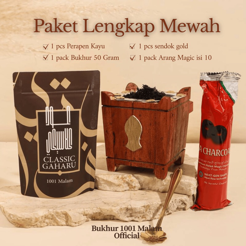 Bukhur wangi tahan lama dan tempat bukhur, 1 pack arang, dan 1 sendok gold