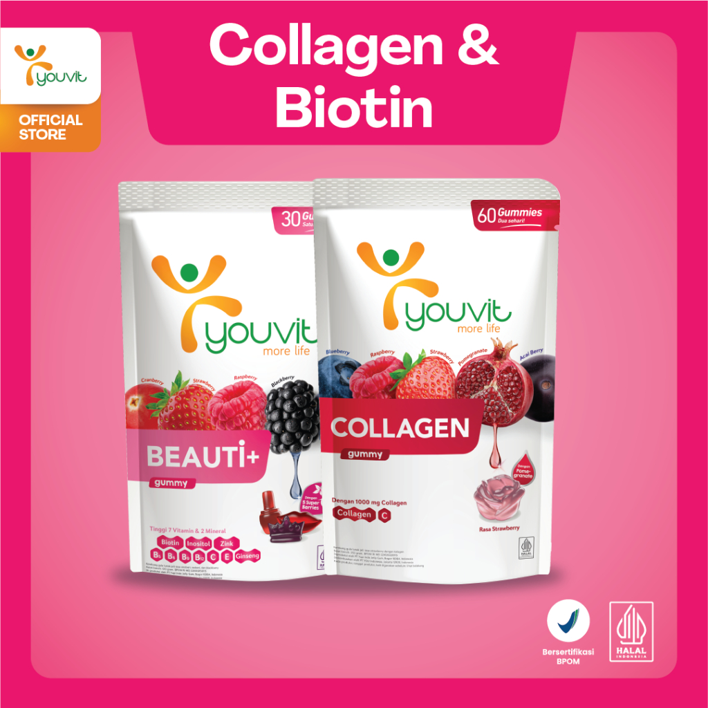 Collagen & Biotin Gummy untuk Anti Aging & Vitamin Rambut Rontok Wanita | Youvit Collagen Peptides®️