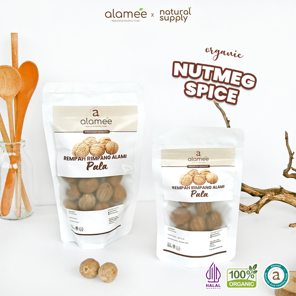 

ALAMEE Biji Pala Utuh Rempah Kering Nutmeg Whole Rimpang Organik Alami Bumbu Seasoning Masakan 100gr