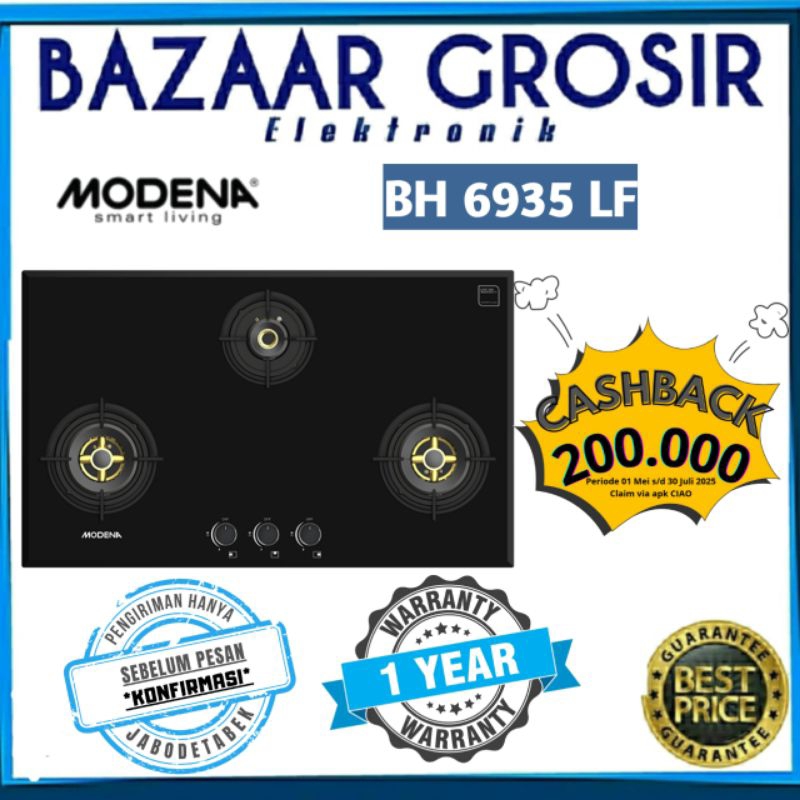 KOMPOR TANAM MODENA 3 TUNGKU BH6935LF 3 BURNERS BH 6935 LF 6935LF 90 CM