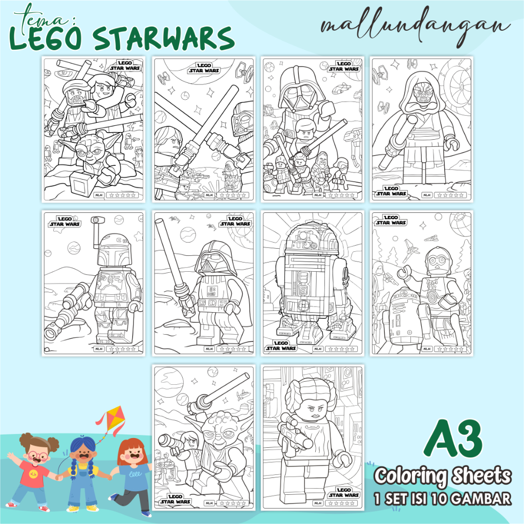 

LEMBARAN MEWARNAI ANAK A3 - TEMA LEGO STARWARS - PAPER COLORING SHEETS FOR KIDS