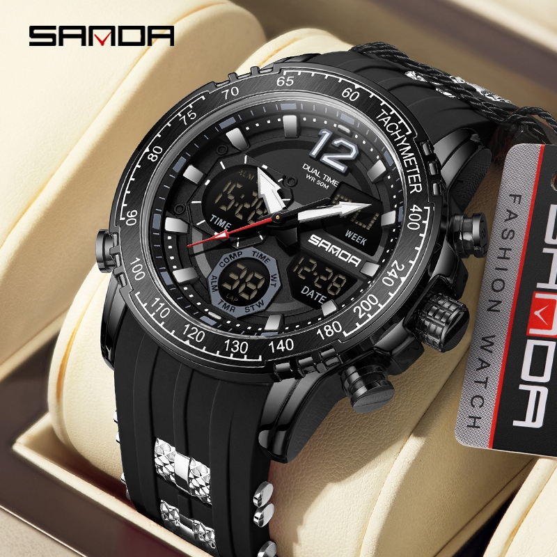 SANDA Jam Tangan Olahraga Militer Pria Jam Tangan Chronograph Elektronik Tahan Air Multifungsi Jam T