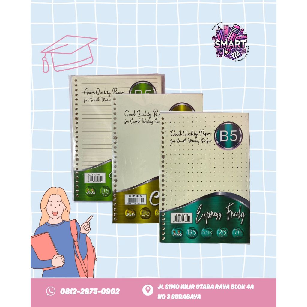 

LOOSE LEAF KERTAS ISI BINDER / KERTAS ISI BINDER A5 / B5 KOTAK, GARIS, POLOS DAN TITIK 70 LEMBAR