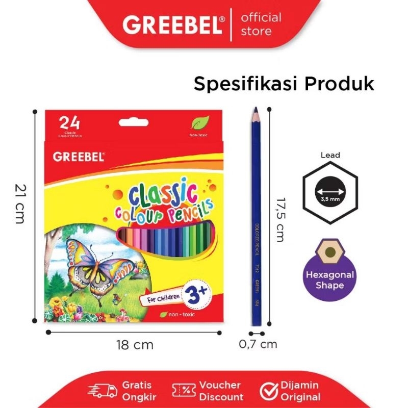 

GREEBEL Pensil Warna 24 Warna Panjang / Classic Color Pencils (7024) Warna Lebih Nyata / Mewarnai Menggambar