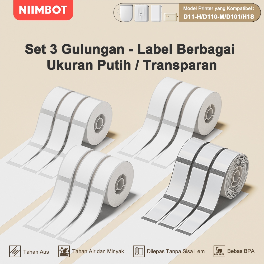 

BH01 3 GulungNIIMBOT D11/D110/D101 Stiker Label Putih/Transparan, Stiker Label Tahan Air Nama dan