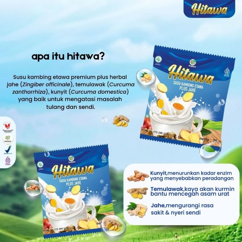 

HITAWA susu kambing dengan bahan herba jahe sehingga hangat ketika diminum untuk atasi nyeri sendi dan tulang sehat