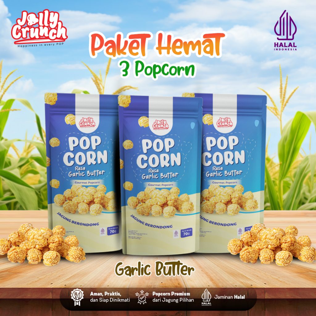 

Jolly Crunch COMBO3 - PopCorn Jagung Rasa Garlic Butter [Paket Bundling 3]