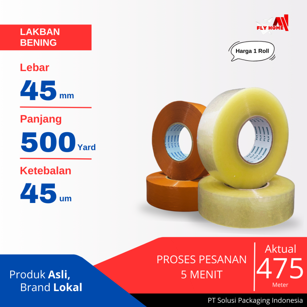 

FLYHOME Lakban bening coklat 500yard 475METER 2inchi 45x500 yard 1rolls jumbo