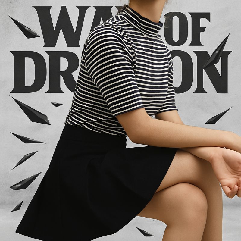 Baju Atasan Wanita Terbaru – Kaos Turtleneck Garis Jepang Hitam Putih