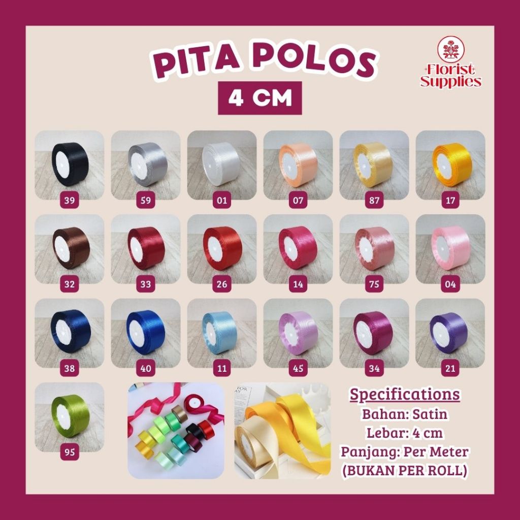 

[PER METER] - Pita Satin Polos 4 CM Sateen Silk Ribbon Pita Kado Aksesoris Hiasan Buket Bunga