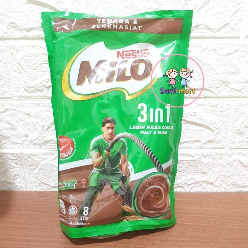 

(SANTI MART) ORIGINAL IMPORT MALAYSIA !! Nestle Milo 3in1 Sachet isi 8 Stik Susu Perisa Coklat