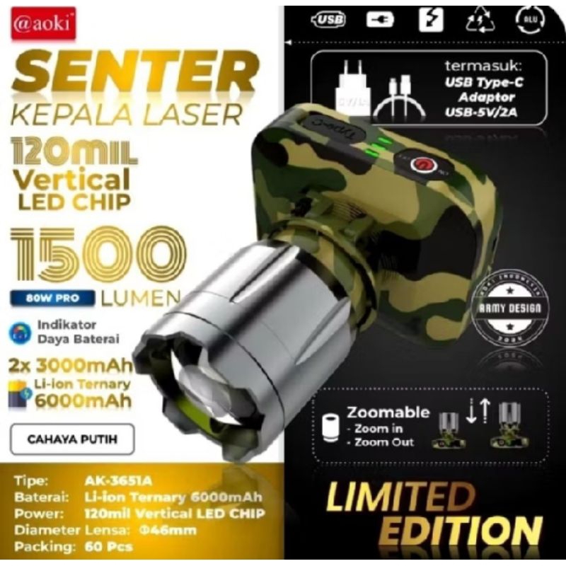 SENTER KEPALA LED ZOOM 80W NYALA PUTIH ARMY AK-3651A-AOKI