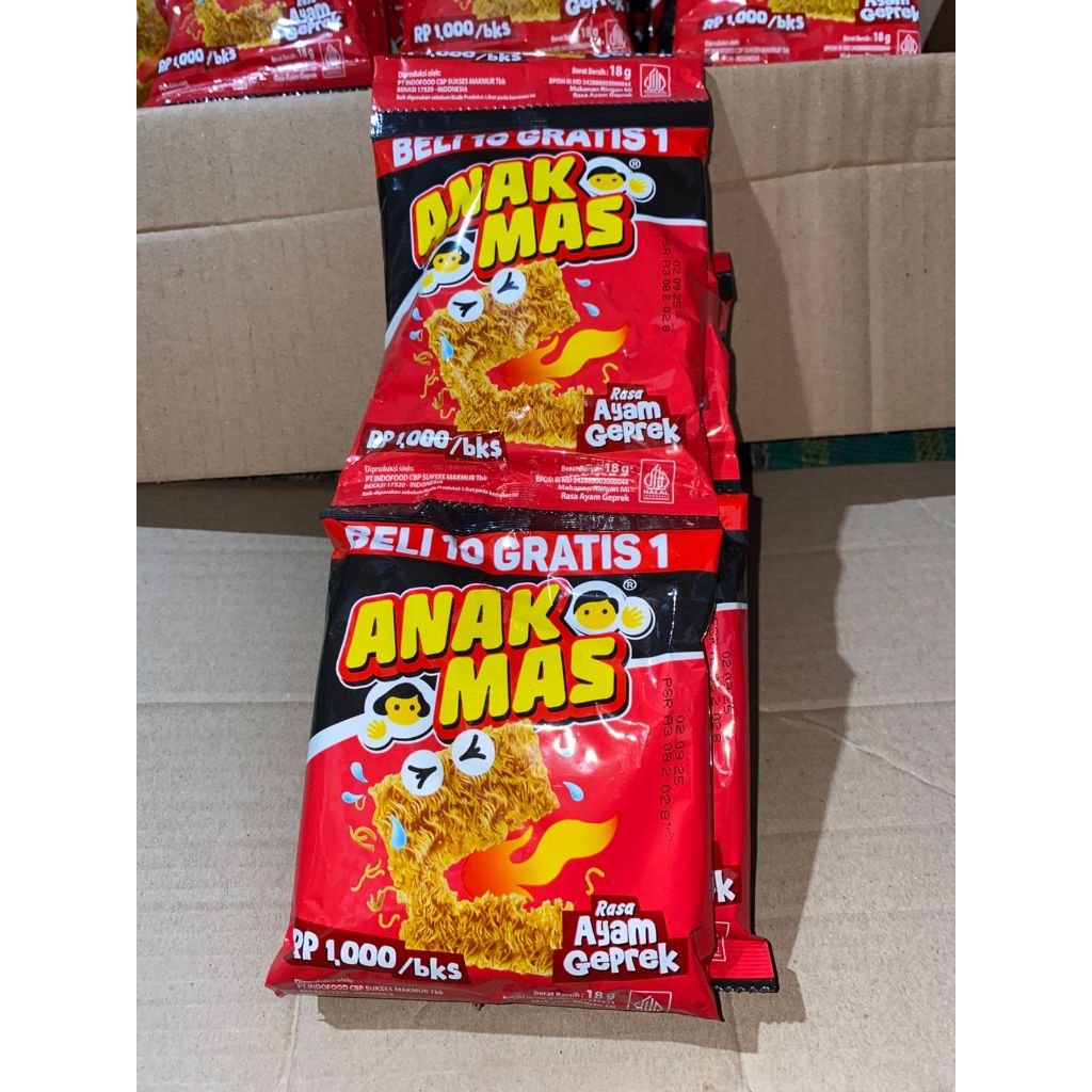 

Snack Mie Anak Mas Camilan Indofood 18g 1 Renceng Isi 10 gratis 1