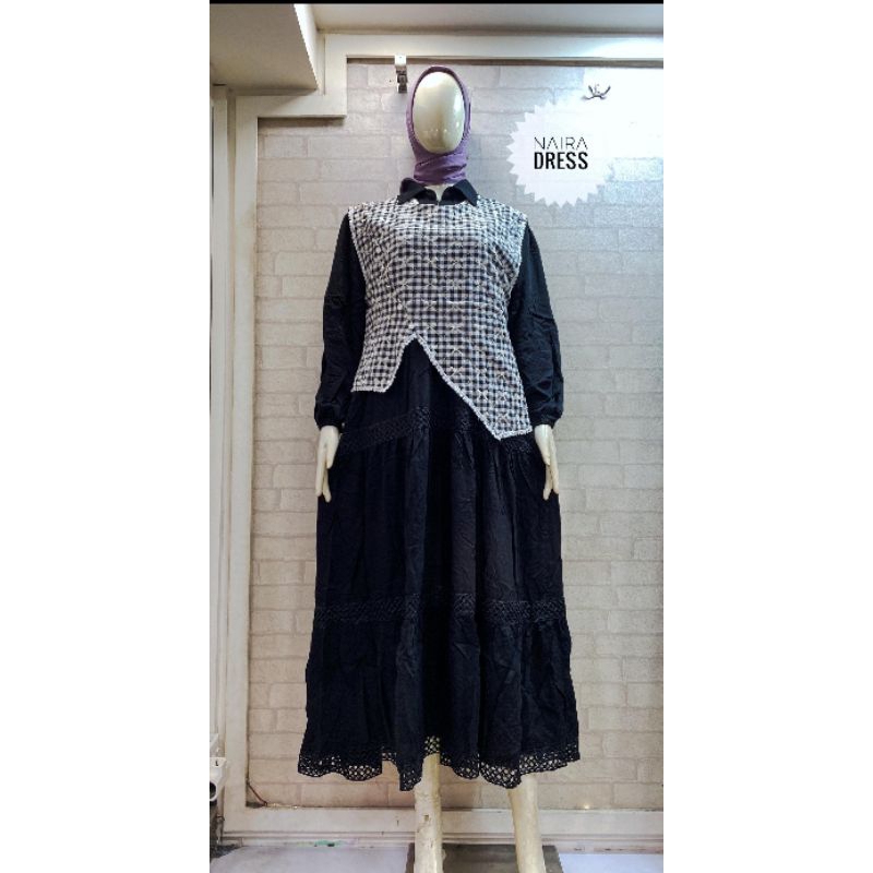 Midi Dress Ayura Katun Original Motif Kotak Salur  Wudu Friendly