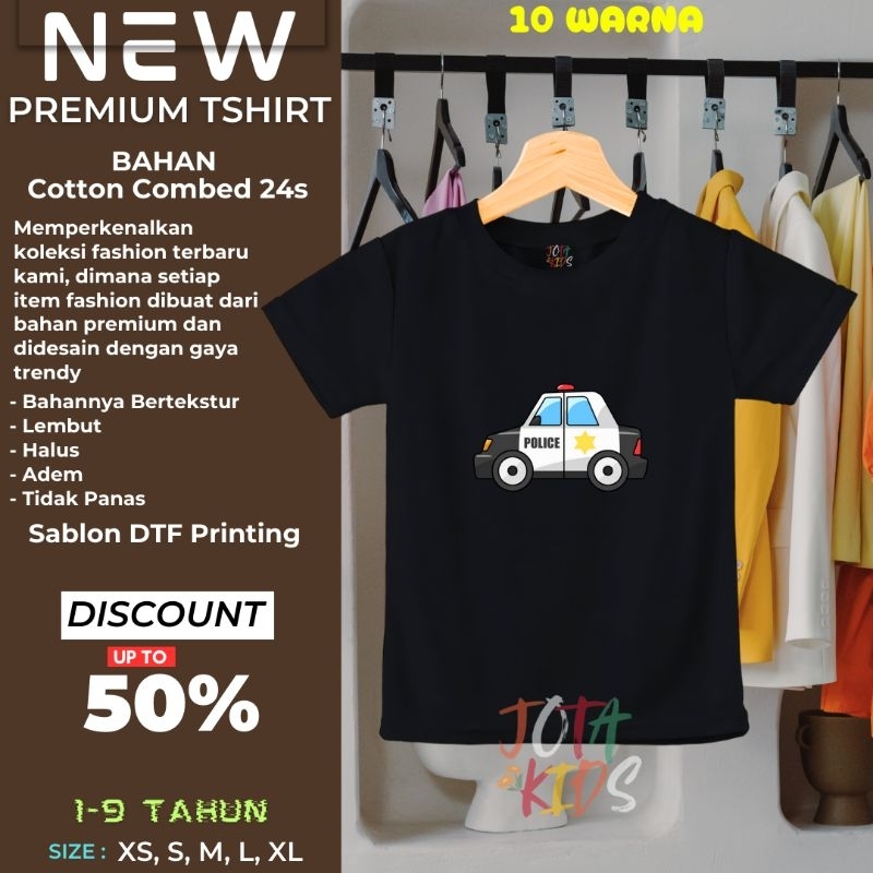 Kaos Anak Motif Mobil Polisi/Baju Anak Unisex/distro/Atasan anak 1-9 tahun