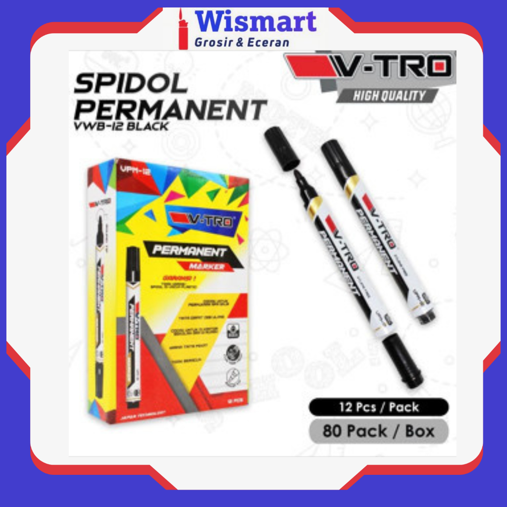 

1 PACK V-TRO Spidol PERMANENT Round Tip 12 Pcs Quick Dry PERMANENT MP-12/ MONTANA Lusin Hitam