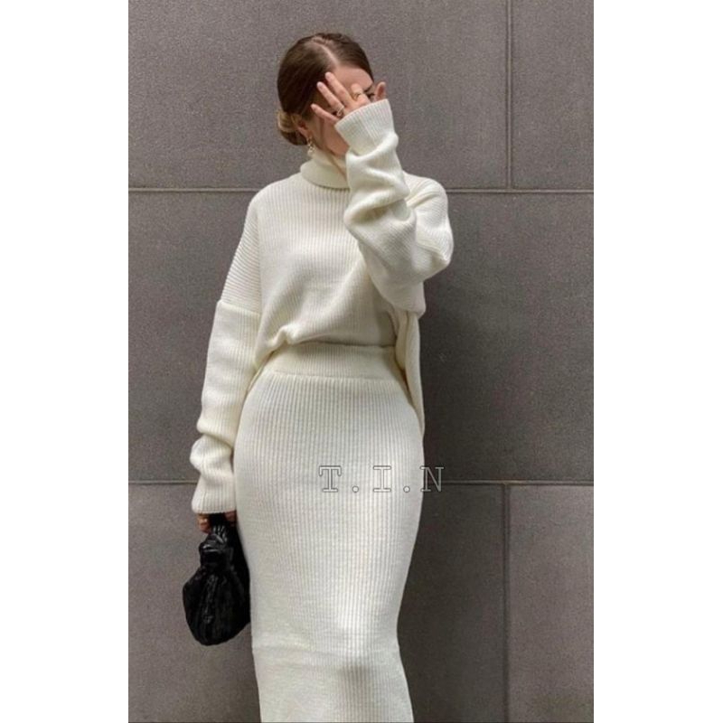 Rok rajut span import Long pencil rib knit skirt original