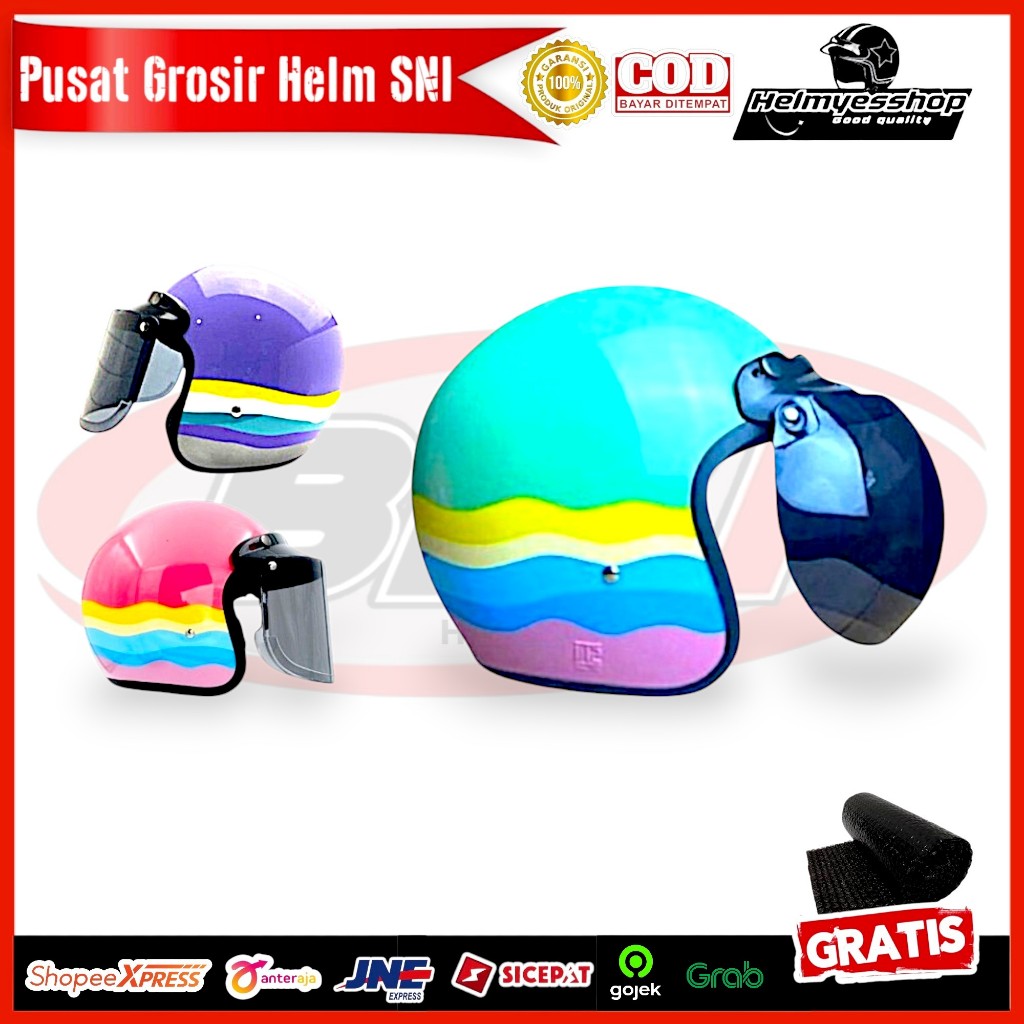 Helm Bogo Motif Decal Pelangi SNI Retro Half Face Dewasa Hijab
