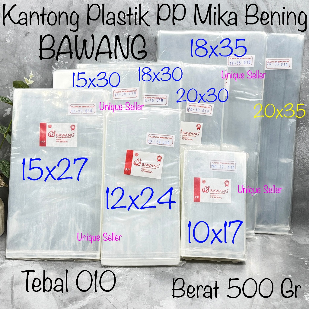 Plastik PP Mika Bening Tebal 0.10 BAWANG Uk 12x24 15x30 18x35 20x30 20x35 Kemasan 500 Gram / Plastik