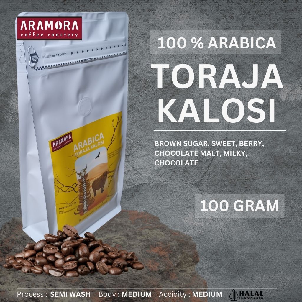 

Biji Kopi Bubuk 100% Arabika Toraja Kalosi Arabica Coffee Roast Bean Aramora Coffee 100Gram
