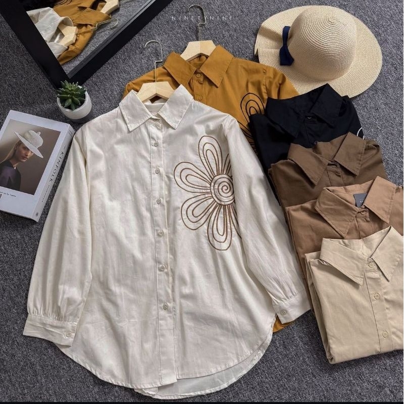 Alesha Bordir Polo Blouse Bordir Bunga Linen Atasan Wanita Motif Bunga Polo Linen. Atasan Wanita Mot