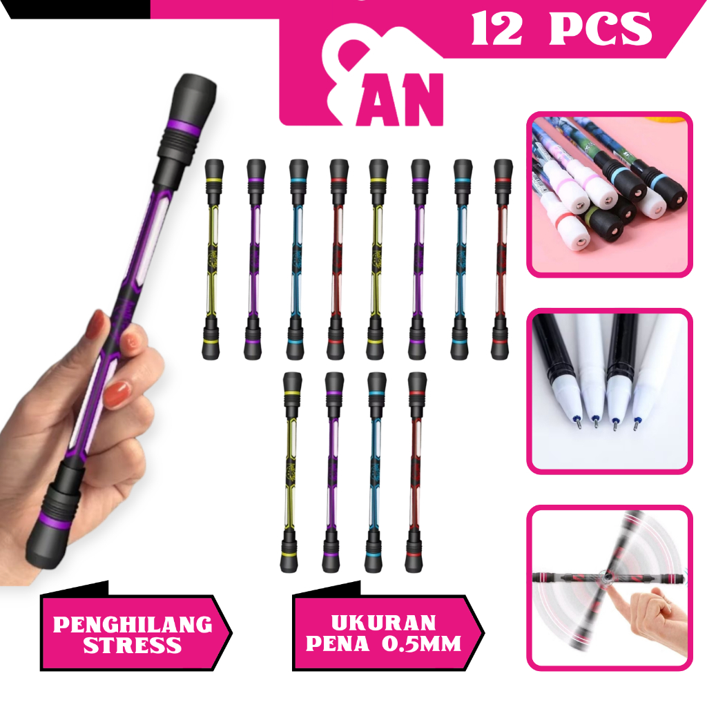 

1LUSIN ISI 12 PCS Pulpen Spinning Pen Balance Rotating Putar Anti Stress Alat Tulis Sekolah Kantor Pena Bolpen L365
