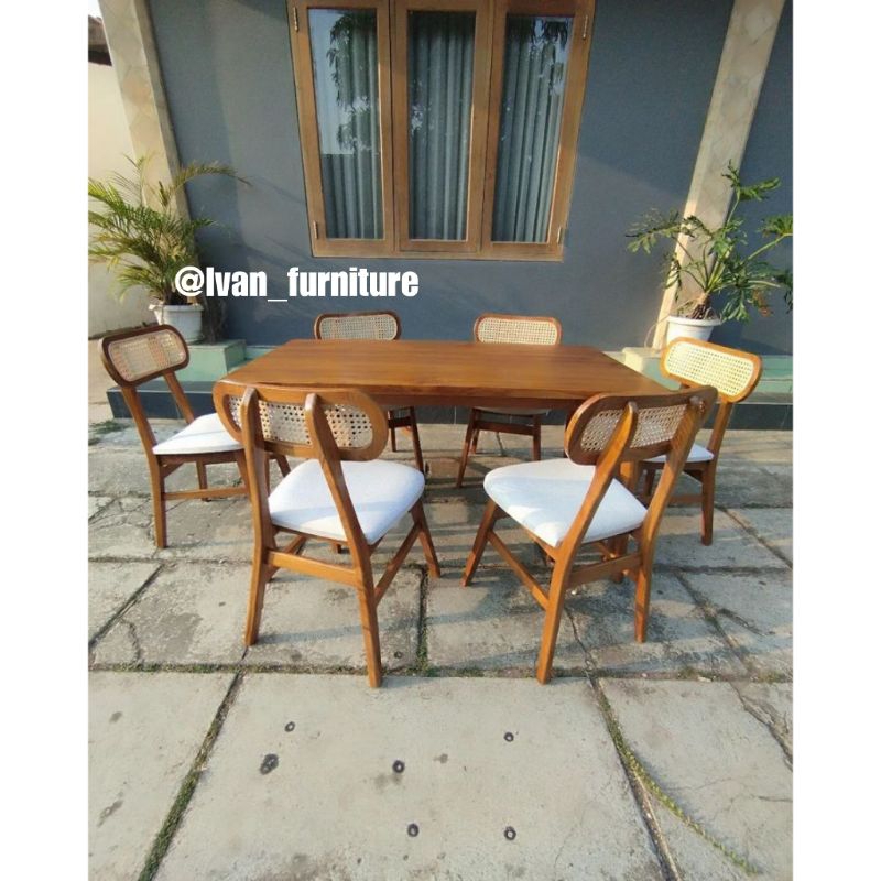 Set meja makan jati minimalis modern termurah Meja makan ropan rotan kursi 6 & kursi 4