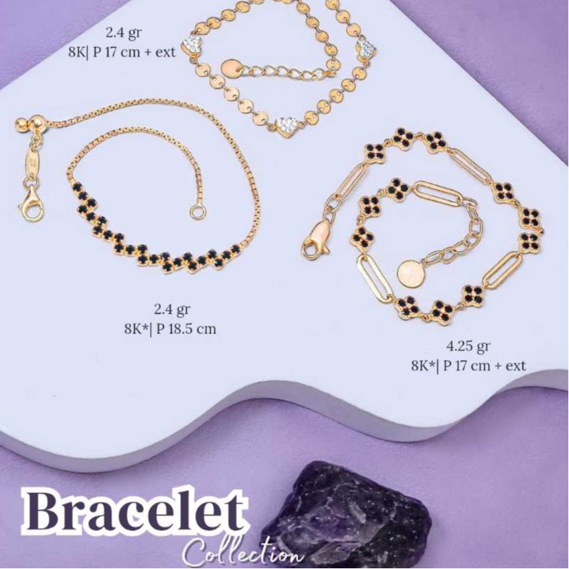 GELANG FULL PERMATA HITAM, GELANG BUNGA PERMATA HITAM, GELANG RANTAI DEWASA DENGAN PERMATA KADAR 8K