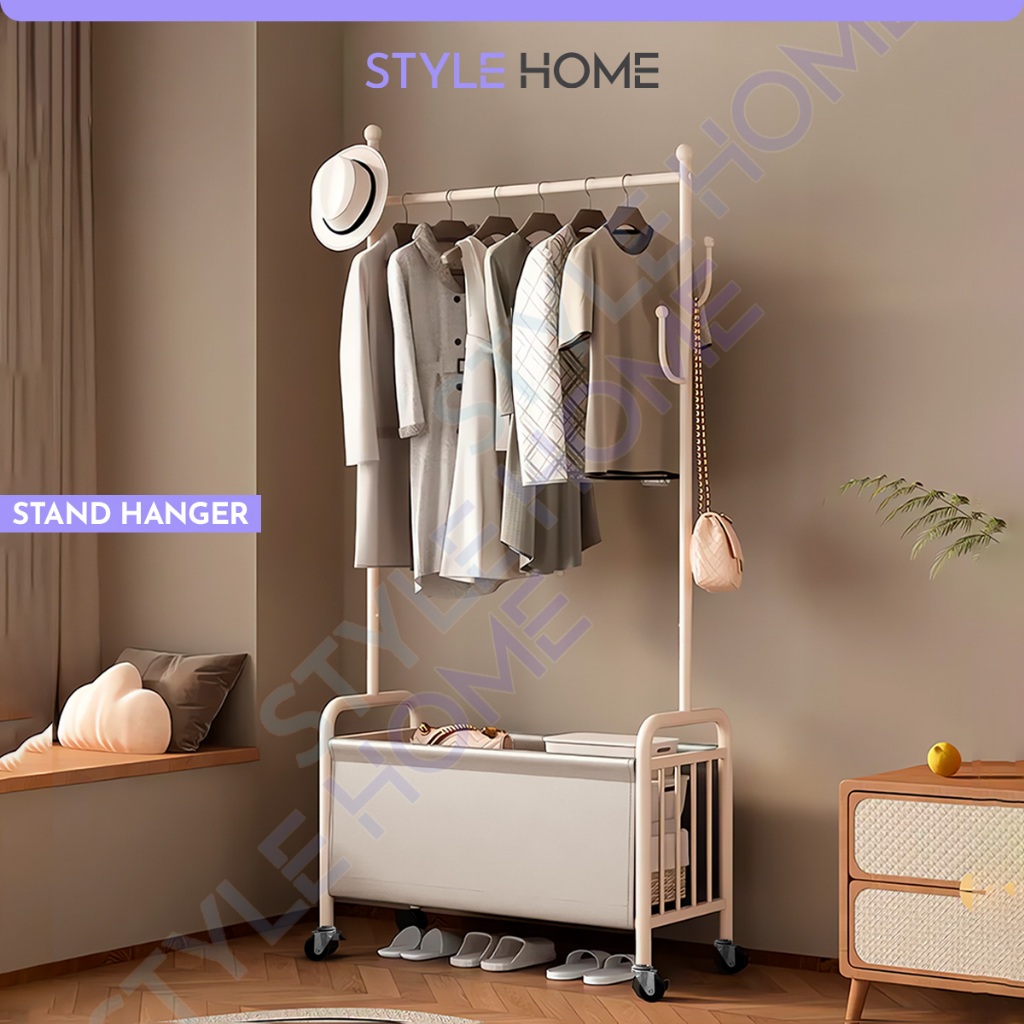 Stand Hanger Gantungan Baju Rak Keranjang Rak Baju Gantung dengan Rack Keranjang Serbaguna