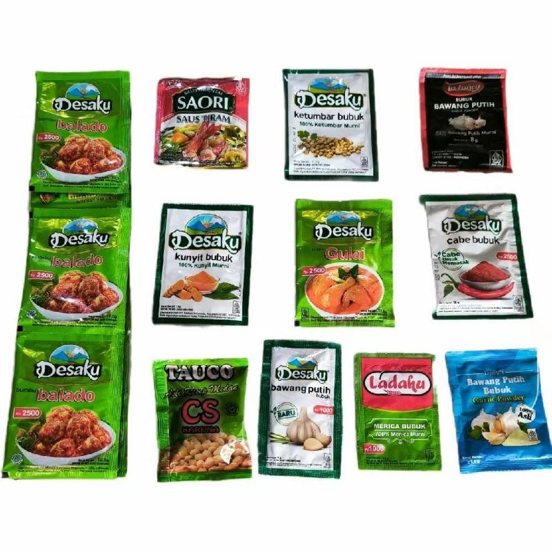 

bumbu masak isntant per pcs. desaku, ladaku, saus tiram, cabe bubuk, balado, gulai, ketumbar, kunyit, tauco, la fancy bawang putih bubuk.