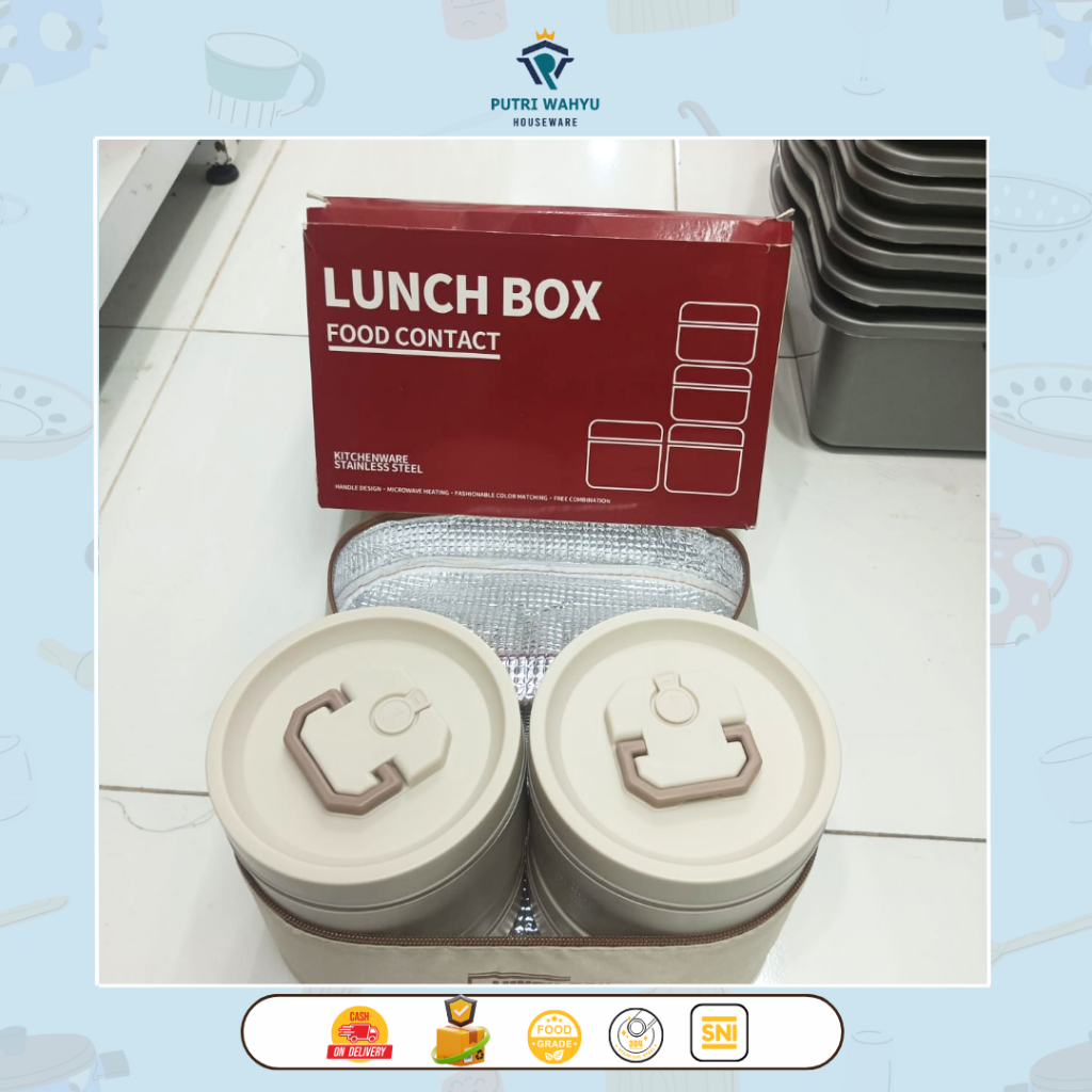 SUBRON Lunch Box Tempat Wadah Makan Rantang Aesthetic Lunch box 2T + Tas  Merek subron / kotak bekal