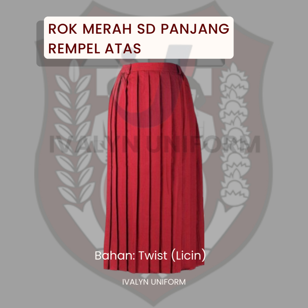 Rok merah SD panjang karet Rempel atas, Bahan Twist/twiss/licin
