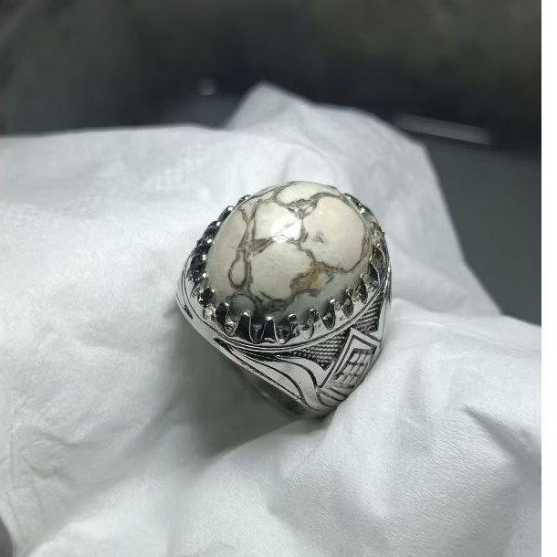 cincin Batu akik natural pirus putih persi serat perak urat antik original