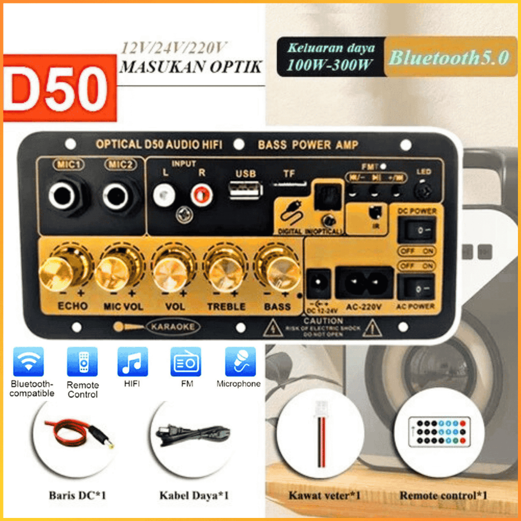 COD TaffSTUDIO Papan Ampli Amplifier Board Bluetooth 12V Super Bass Karaoke Audio Optical Fiber D50