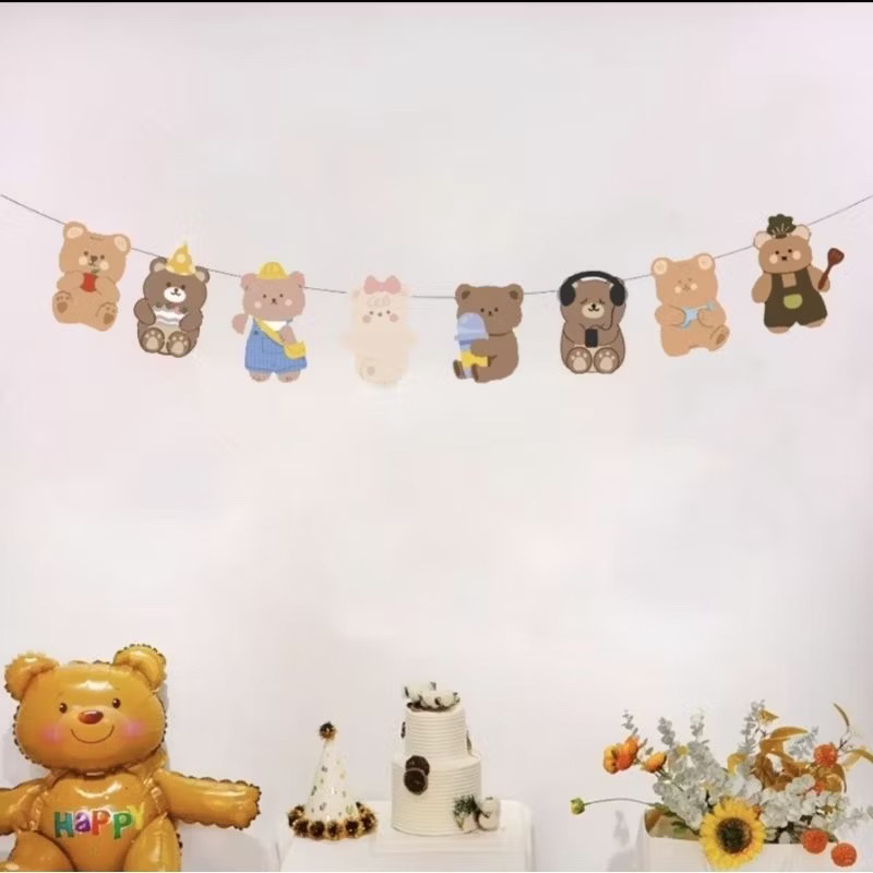 Bunting flag karakter beruang bear ins banner baner hewan animal binatang coklat brown garland spand