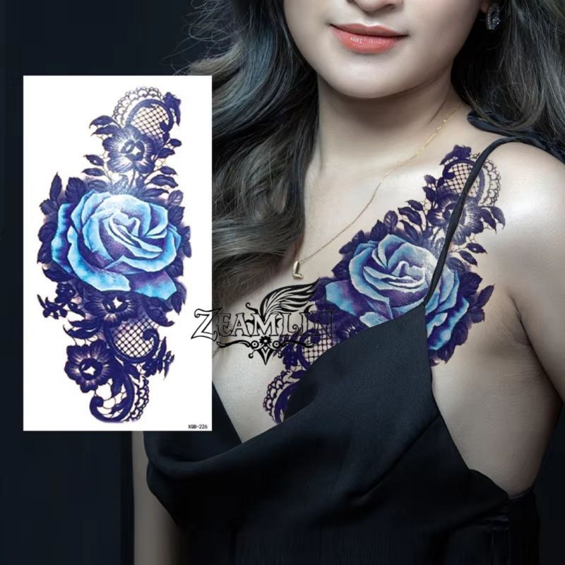 Temporary Tattoo Tatto Tato Temporer Seri XQB 226 Motif Bunga Mawar Biru Tangkai Hitam - Tato Instan