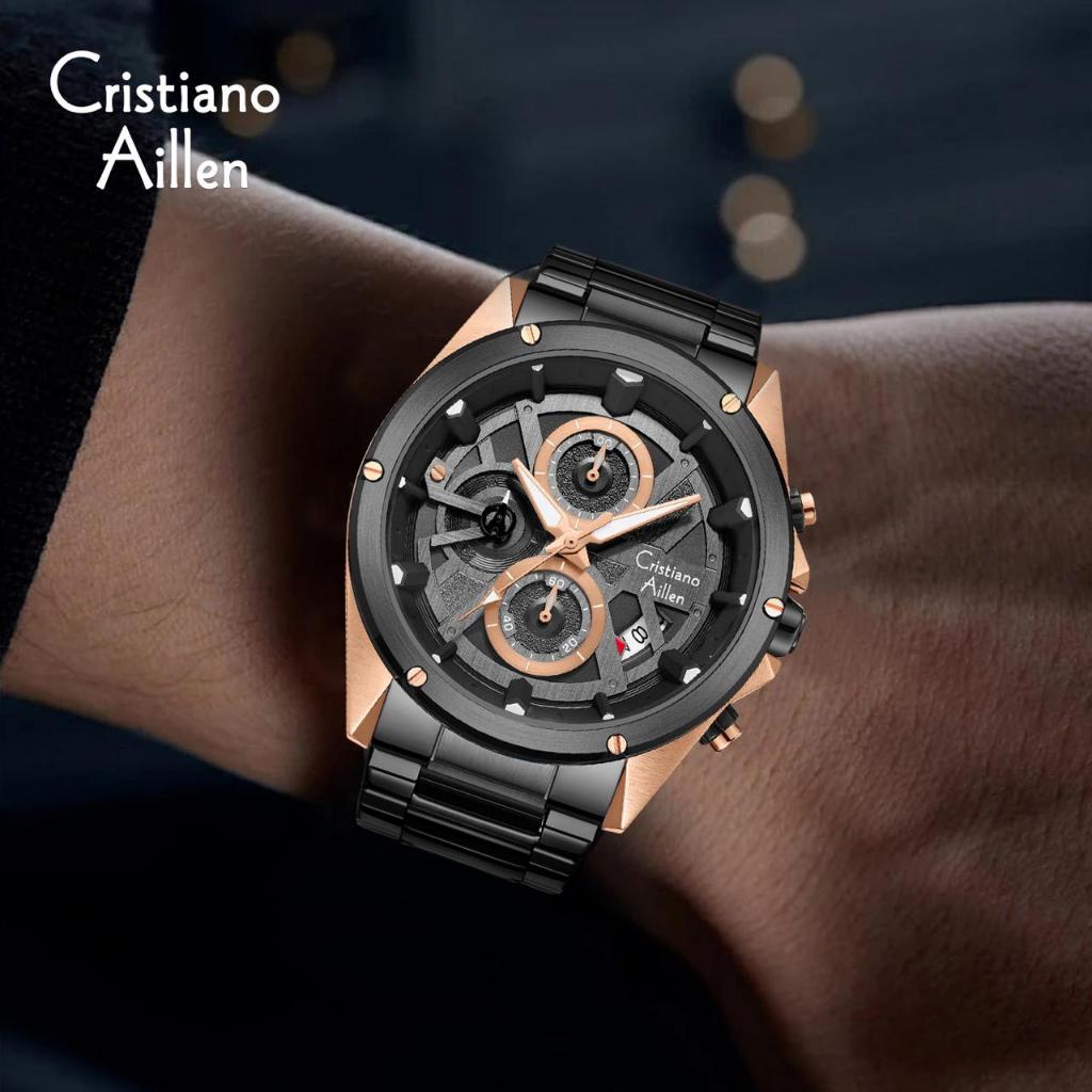 Cristiano Aillen Jam Tangan Pria Analog 8895 Rantai Stainless Steel Chronograph Kaca Sapphire Water 